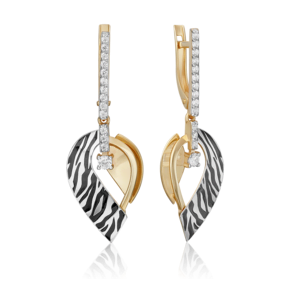 Серьги с принтом «Зебра» из комбинированного золота с фианитами и эмалью 02-5194-00-401-1121