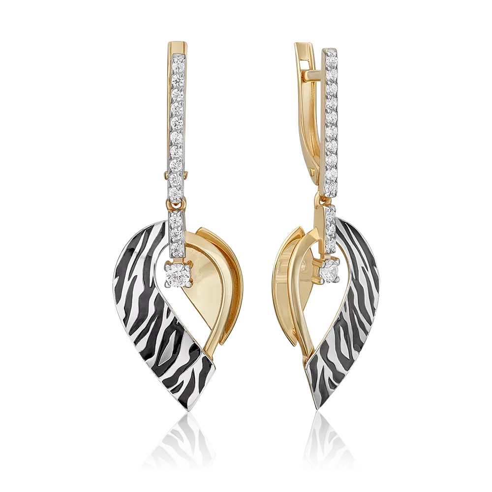 Серьги с принтом «Зебра» из комбинированного золота с фианитами и эмалью 02-5194-00-401-1121