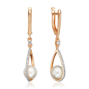 Серьги с английским замком из красного золота с жемчугом культивированным и фианитами 02-5604-00-302-1110