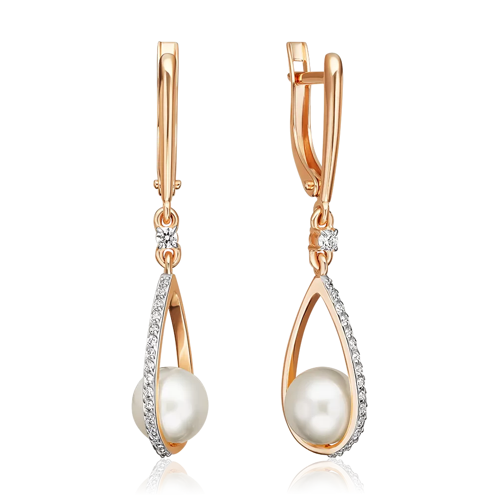 Серьги с английским замком из красного золота с жемчугом культивированным и фианитами 02-5604-00-302-1110