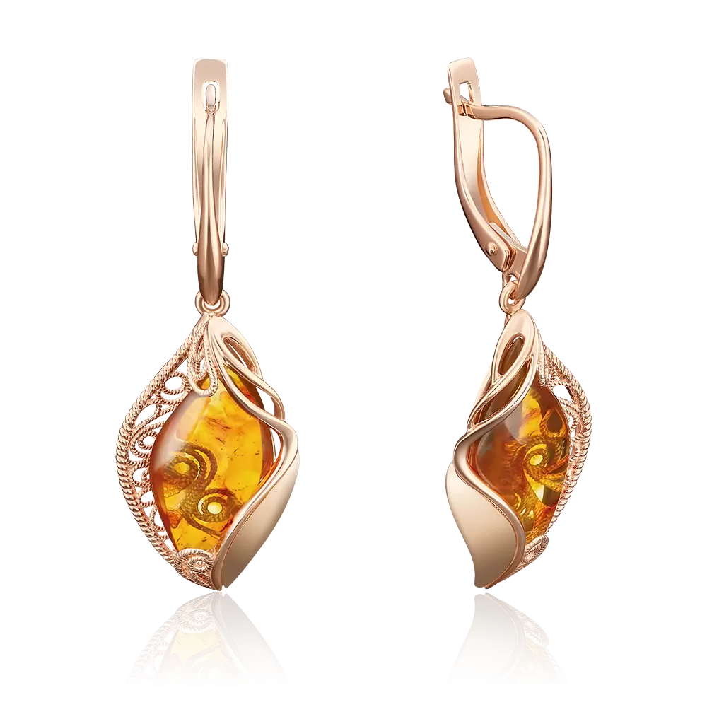 Серьги с английским замком из красного золота с янтарём 02-3982-00-271-1110-46