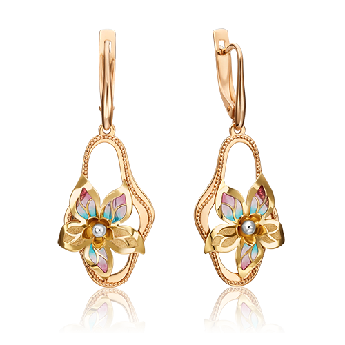 Серьги «Цветы» с английским замком из комбинированного золота с эмалью 02-3984-00-000-1113-48