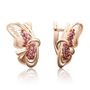 Серьги «Бабочки» с английским замком из красного золота с фианитами и эмалью 02-3985-00-404-1110-48