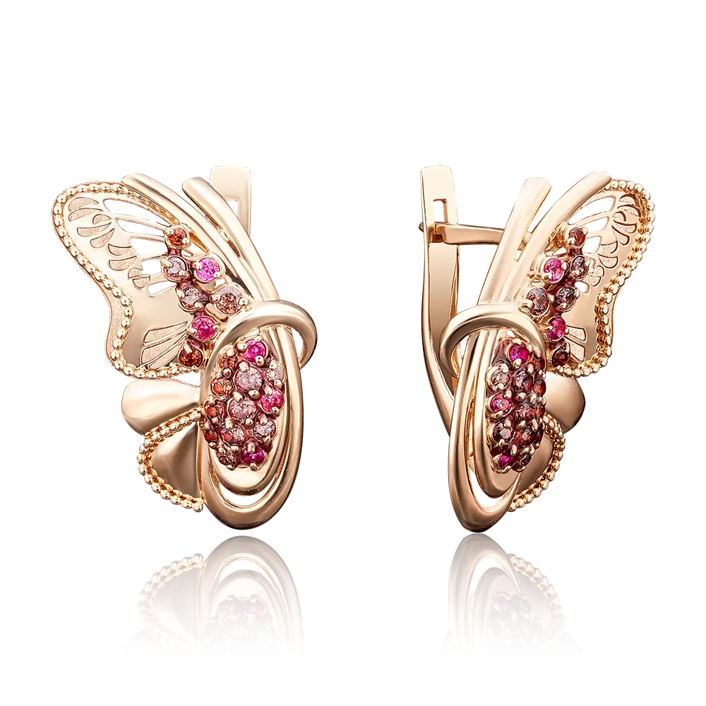 Серьги «Бабочки» с английским замком из красного золота с фианитами и эмалью 02-3985-00-404-1110-48