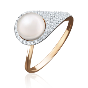 Кольцо из красного золота с жемчугом культивированным и фианитами 01-3649-00-302-1110-33