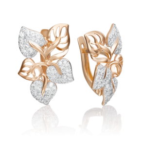 Серьги «Листья» с английским замком из красного золота с фианитами 02-2647-00-401-1110-32