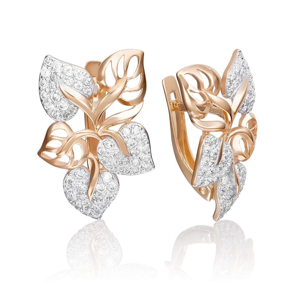 Серьги «Листья» с английским замком из красного золота с фианитами 02-2647-00-401-1110-32