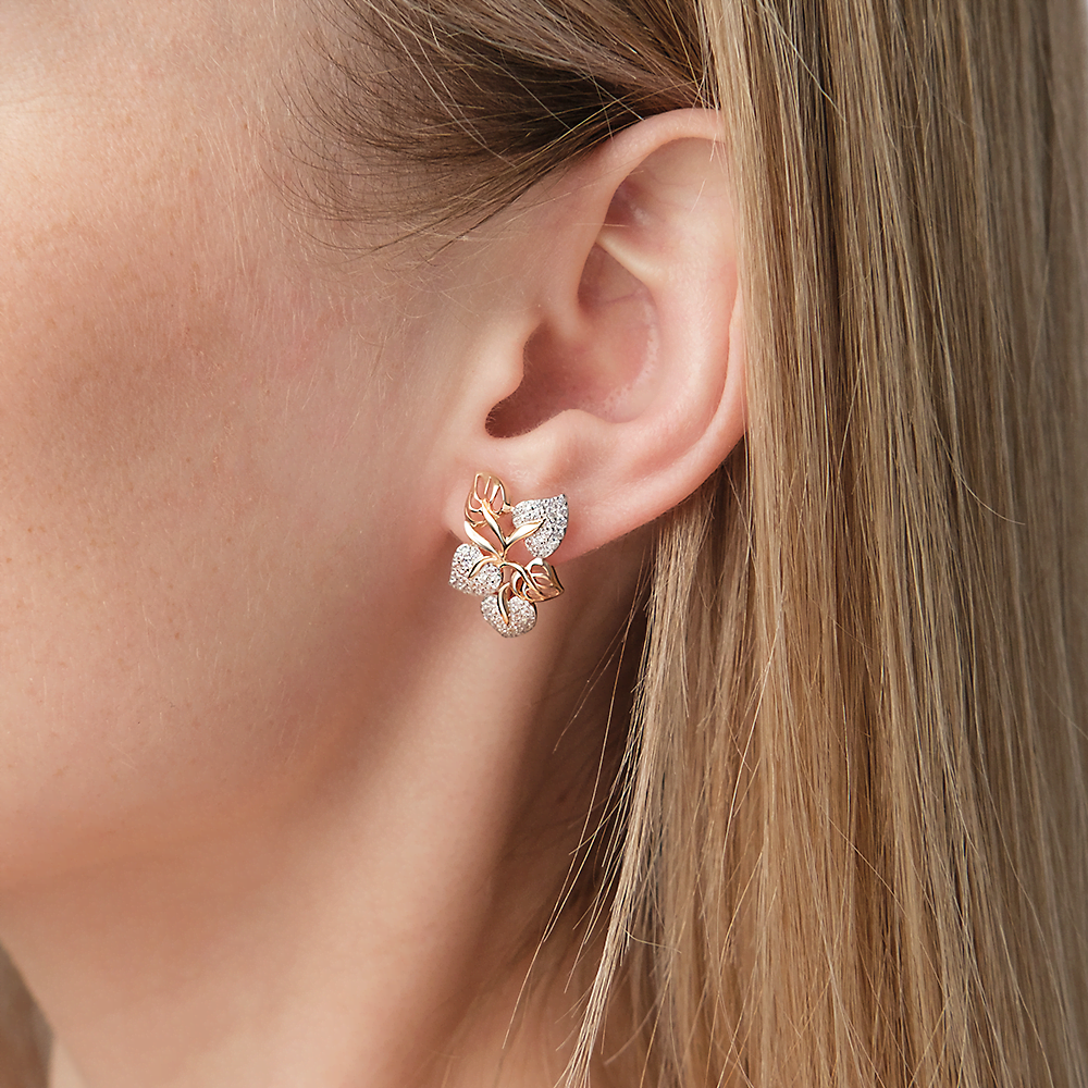 Серьги «Листья» с английским замком из красного золота с фианитами 02-2647-00-401-1110-32