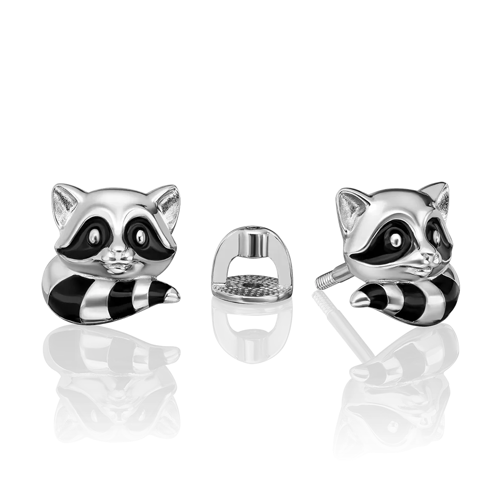 Серьги-пусеты «Еноты» из серебра с эмалью 02-4979-00-000-0200