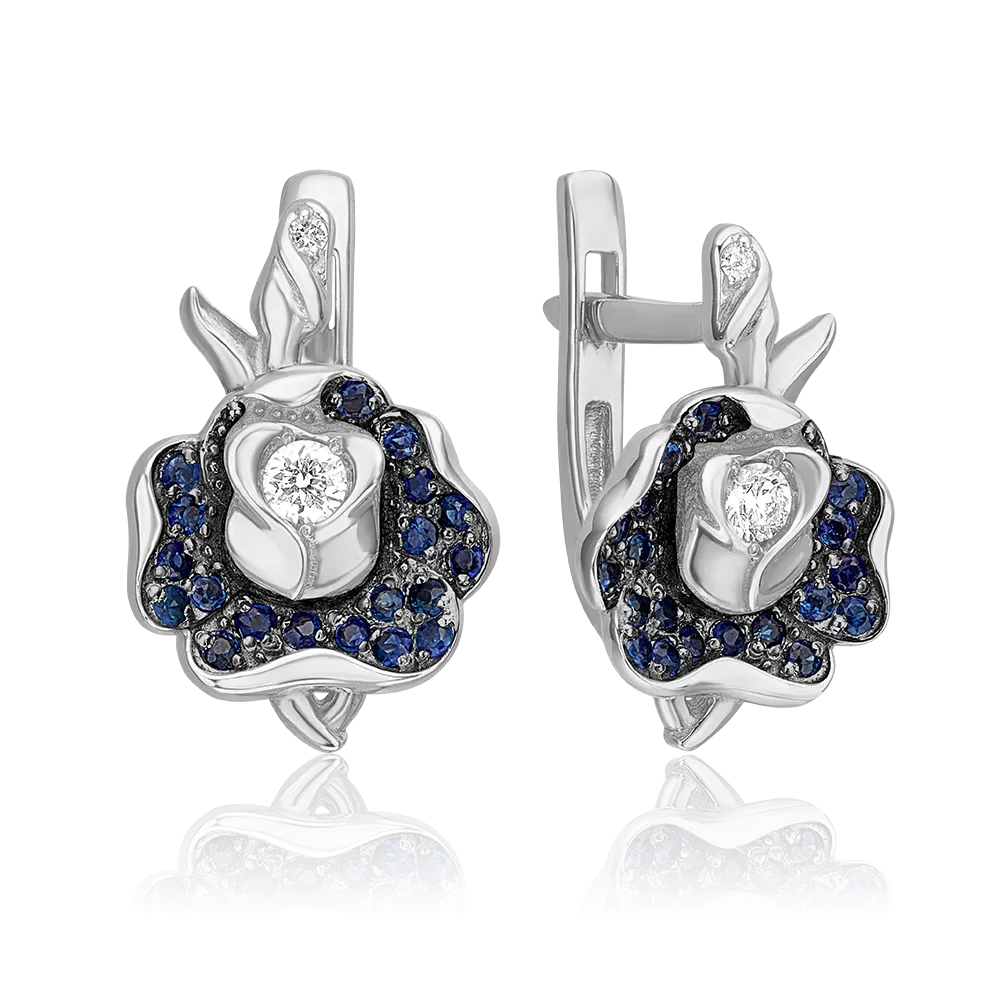 Серьги «Розы» с английским замком из белого золота с бриллиантами и сапфирами 02-0931-00-105-1120-30