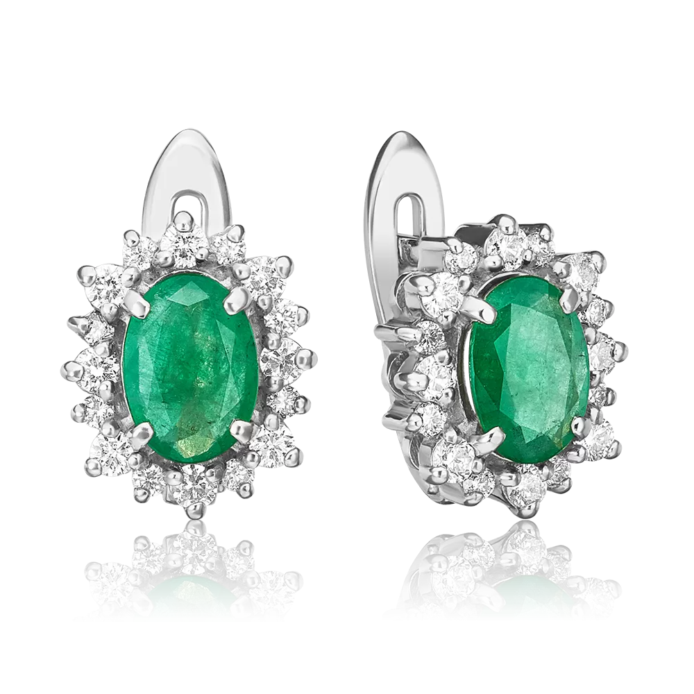 Серьги с английским замком из белого золота с изумрудом и бриллиантами 02-4880-00-106-1120-30