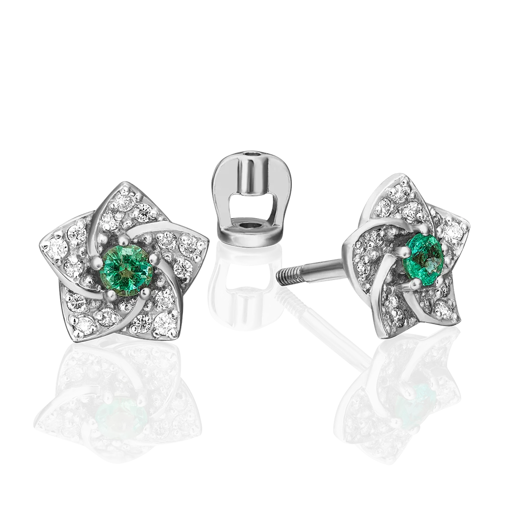 Серьги-пусеты «Цветы» из белого золота с изумрудом и бриллиантами 02-0869-00-106-1120-30