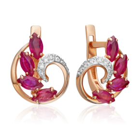 Серьги с английским замком из красного золота с рубинами и бриллиантами
