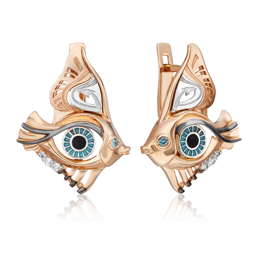 Серьги «Взгляд на время» с английским замком из комбинированного золота с топазом, натуральными топазами white и эмалью 02-4870-00-201-1111