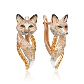 Серьги «Лисицы» с английским замком из красного золота с цитринами и эмалью 02-5283-00-206-1110