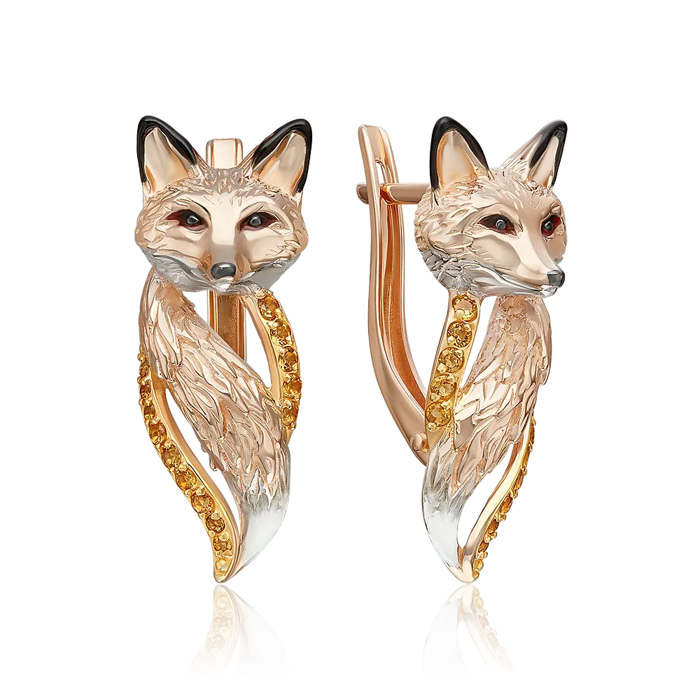 Серьги «Лисицы» с английским замком из красного золота с цитринами и эмалью 02-5283-00-206-1110
