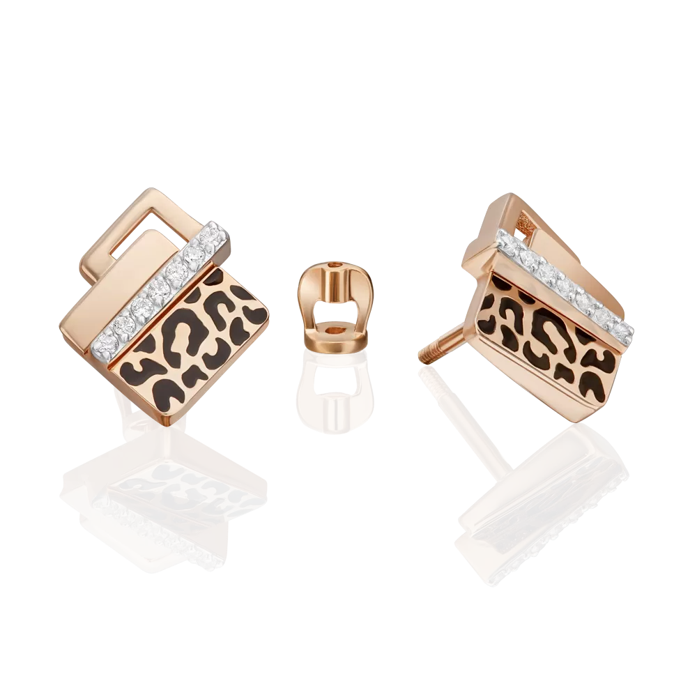 Серьги с принтом «Леопард» из красного золота с фианитами и эмалью 02-5189-00-401-1110