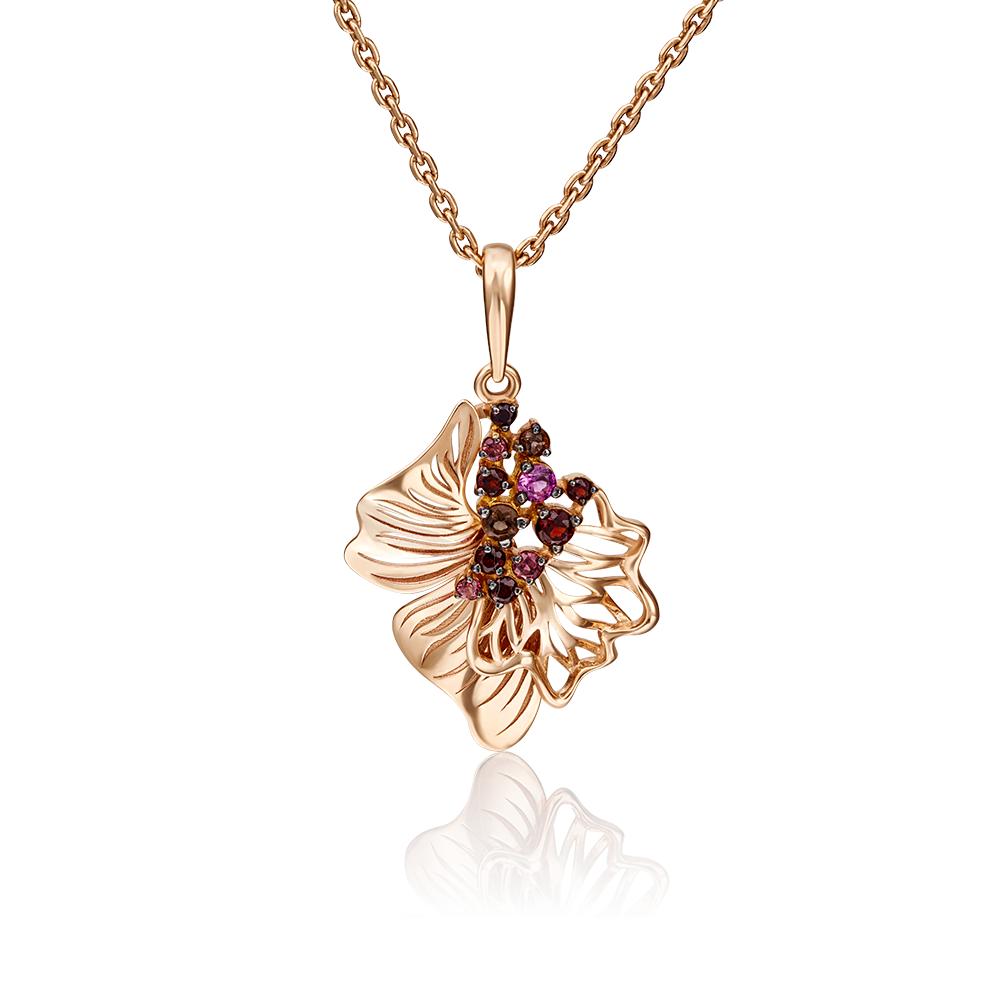 Подвеска «Цветок» из красного золота с гранатами и кварцем дымчатым 03-2760-01-705-1110-57