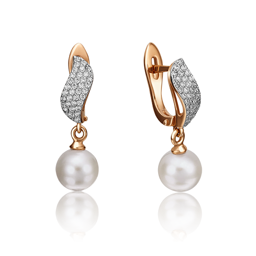 Серьги с английским замком из красного золота с жемчугом культивированным и фианитами 02-3463-00-302-1110-33