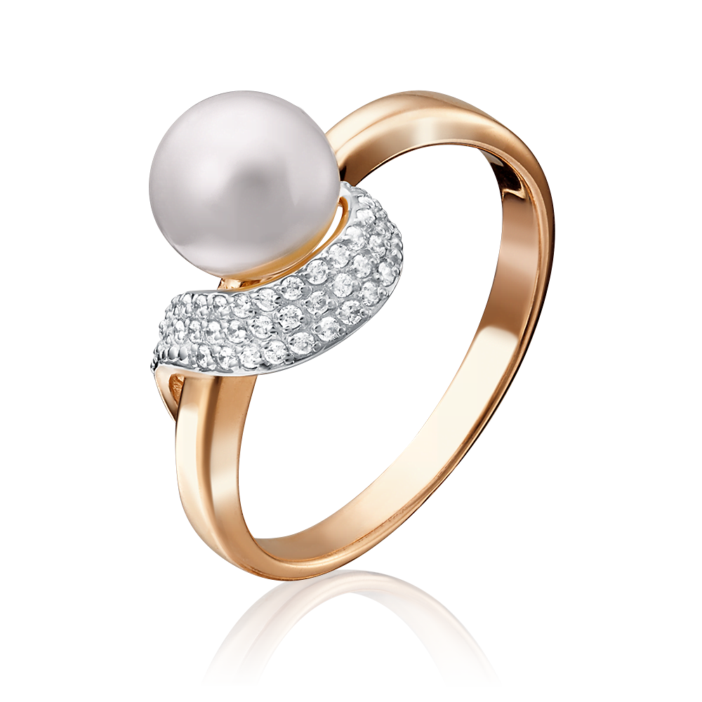 Кольцо из красного золота с жемчугом культивированным и фианитами 01-4692-00-302-1110-32