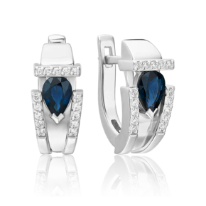 Серьги с английским замком из белого золота с сапфиром и бриллиантами