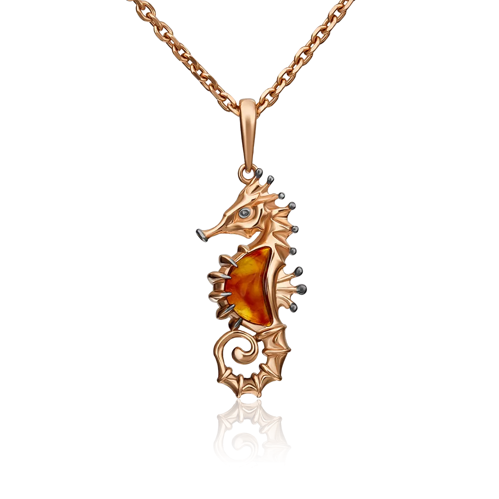 Подвеска «Морской конёк» из красного золота с янтарём 03-2973-00-271-1110-46