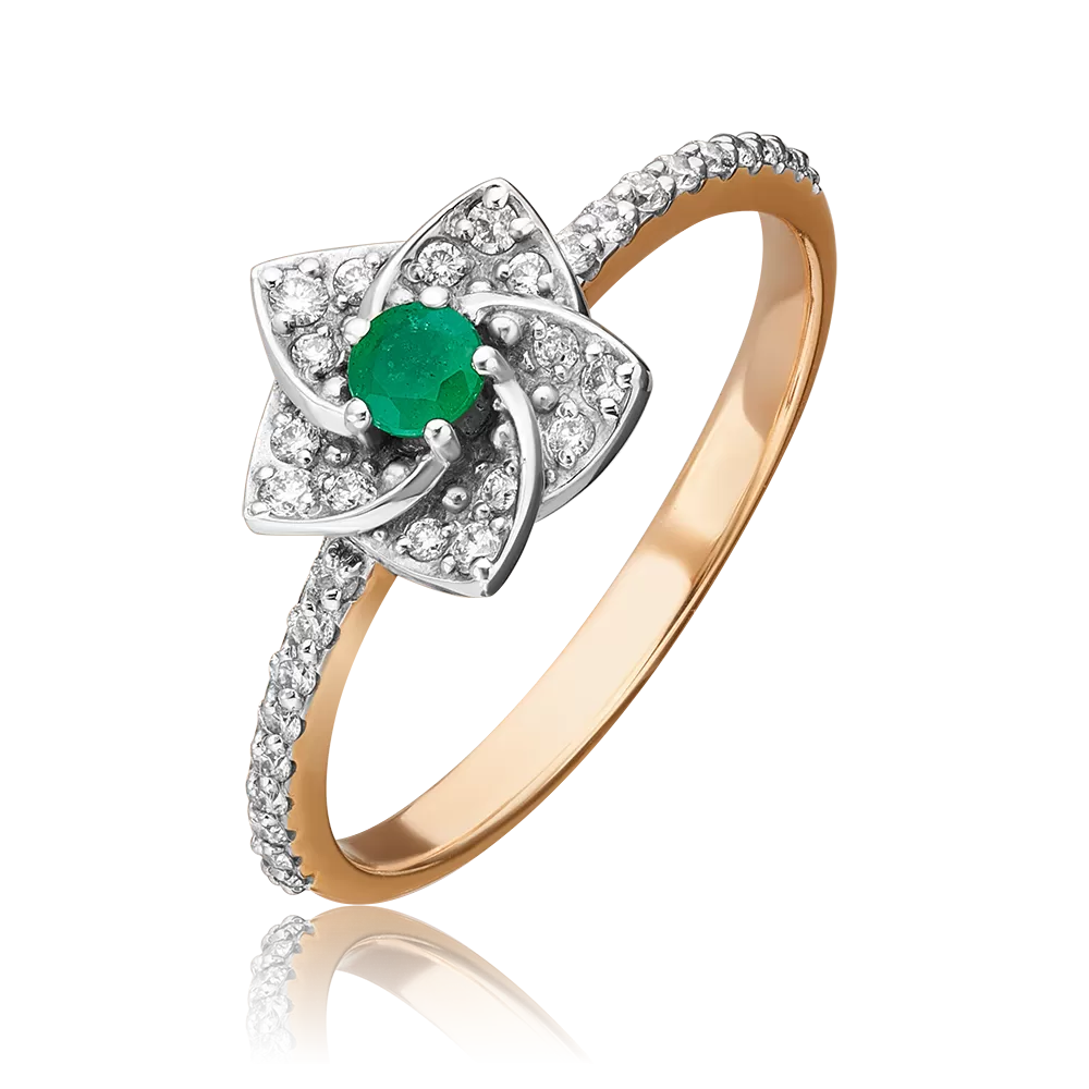 Кольцо «Цветок» из комбинированного золота с изумрудом и бриллиантами 01-1574-00-106-1111-30