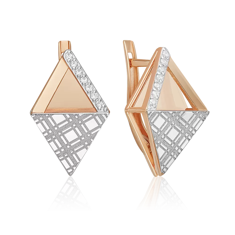 Серьги с принтом «Клетка» из комбинированного золота с фианитами 02-5187-00-401-1111