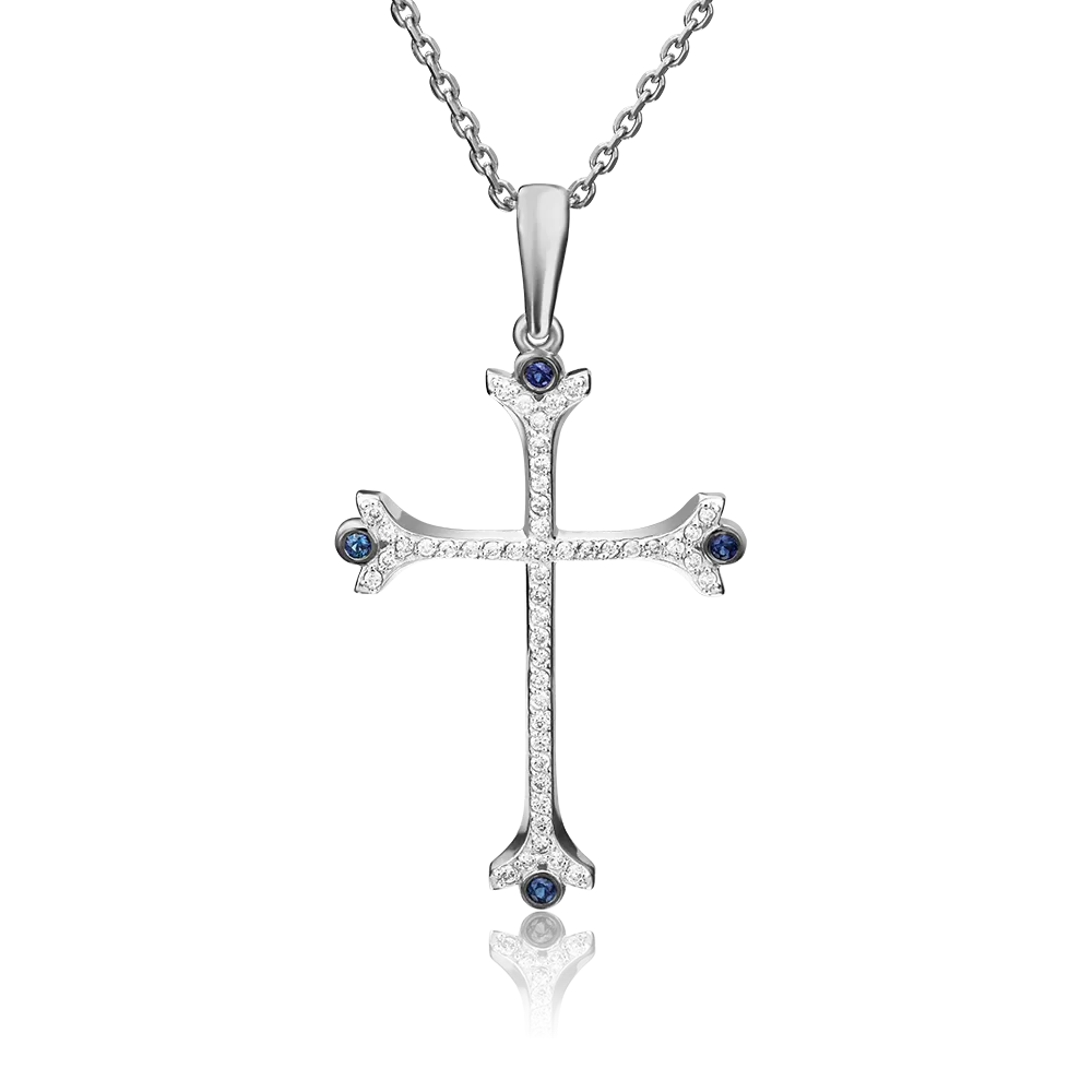 Декоративный крест из белого золота с сапфирами и бриллиантами 03-0469-00-105-1120-30