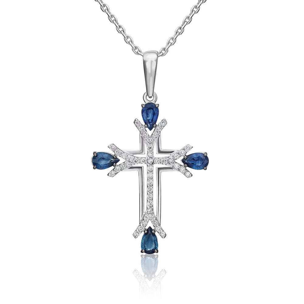Декоративный крест из белого золота с сапфирами и бриллиантами 03-0471-00-105-1120-30