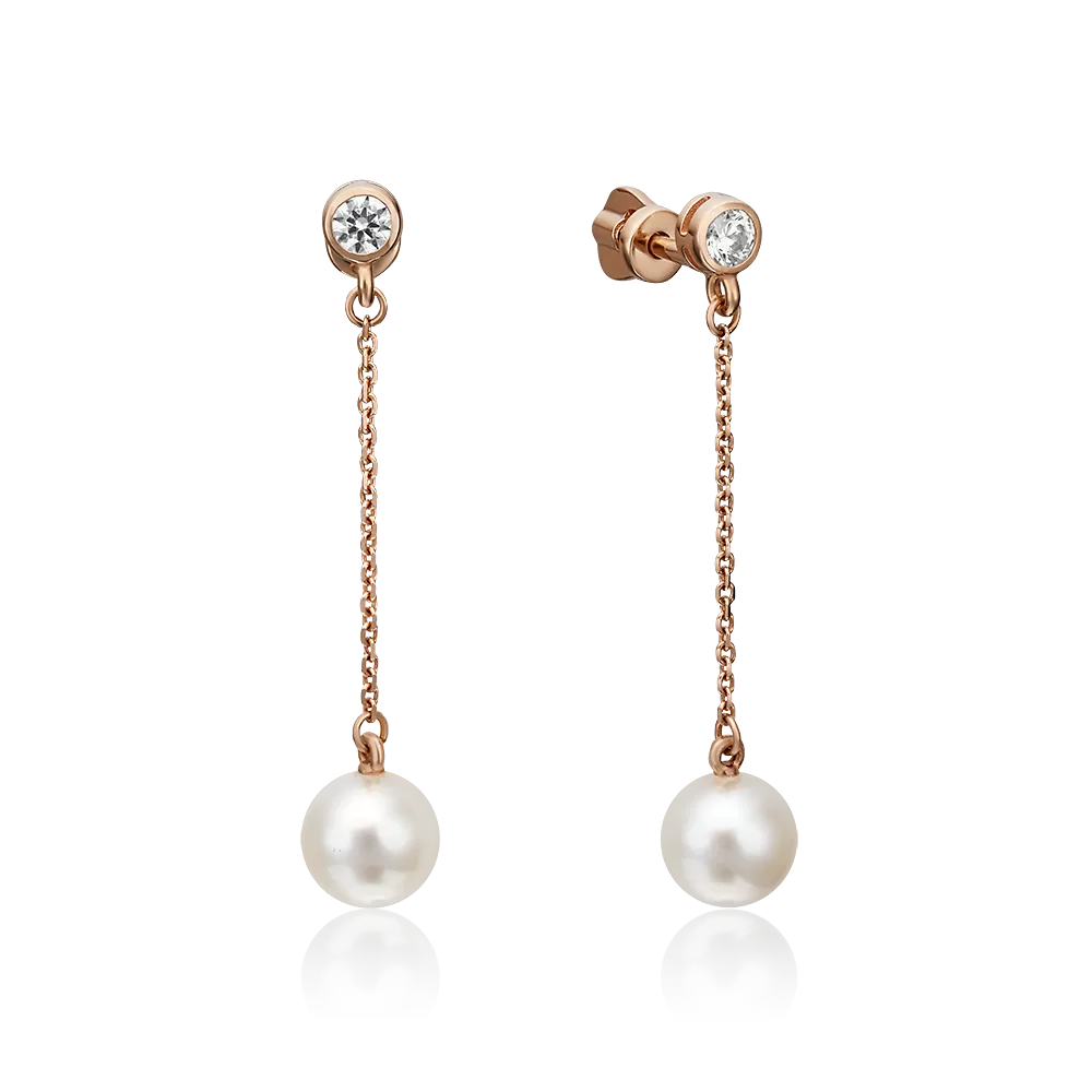 Серьги-пусеты из красного золота с жемчугом культивированным и фианитом 02-4399-00-302-1110-31