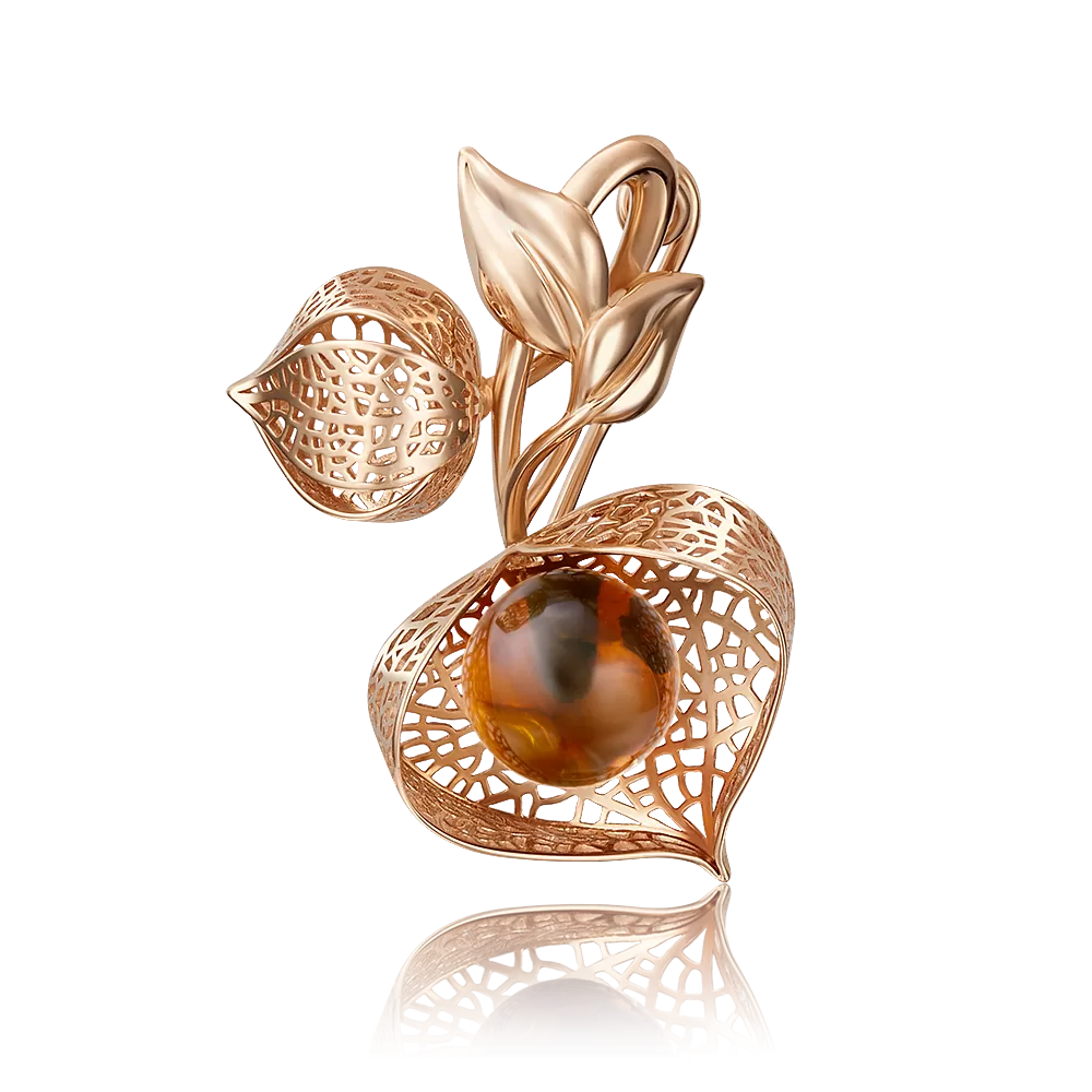 Брошь «Физалис» из красного золота с янтарём 04-0167-01-271-1110-58