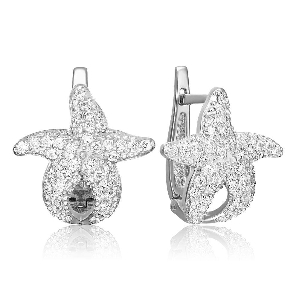Серьги «Морские звёзды» с английским замком из серебра с фианитами 02-0939-00-401-0200