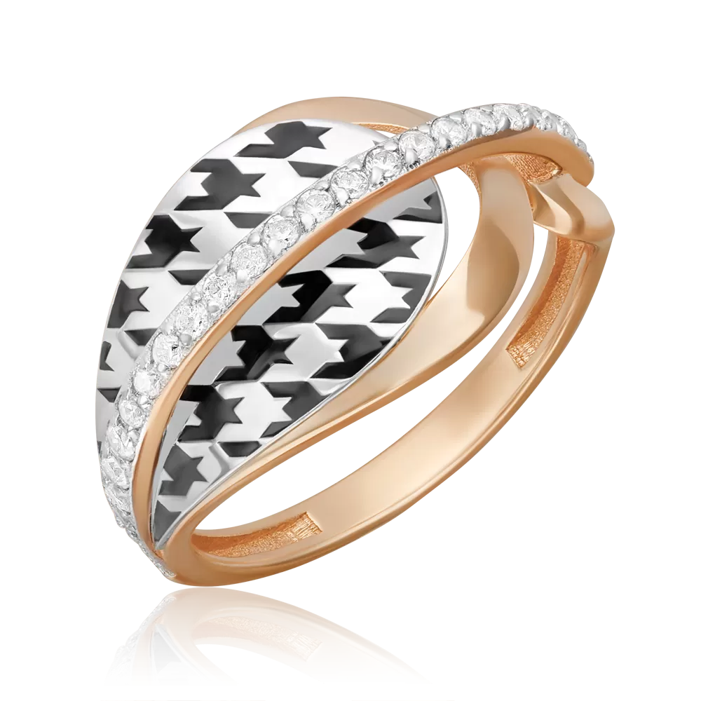 Кольцо с принтом «Гусиная лапка» из комбинированного золота с фианитами и эмалью 01-5718-00-401-1111