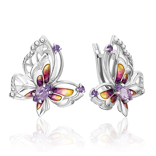 Серьги «Бабочка Переливница» с английским замком из серебра с аметистами и эмалью 02-4780-00-203-0200-69