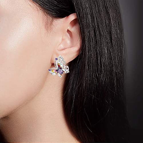 Серьги «Бабочка Переливница» с английским замком из серебра с аметистами и эмалью 02-4780-00-203-0200-69