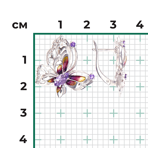 Серьги «Бабочка Переливница» с английским замком из серебра с аметистами и эмалью 02-4780-00-203-0200-69
