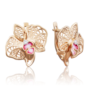 Серьги «Орхидеи» с английским замком из красного золота с фианитом и эмалью 02-3939-00-401-1110-48