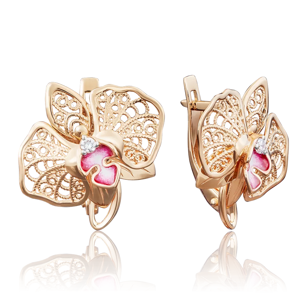 Серьги «Орхидеи» с английским замком из красного золота с фианитом и эмалью 02-3939-00-401-1110-48