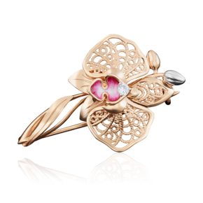 Брошь «Орхидея» из красного золота с фианитом и эмалью 04-0170-00-401-1110-48