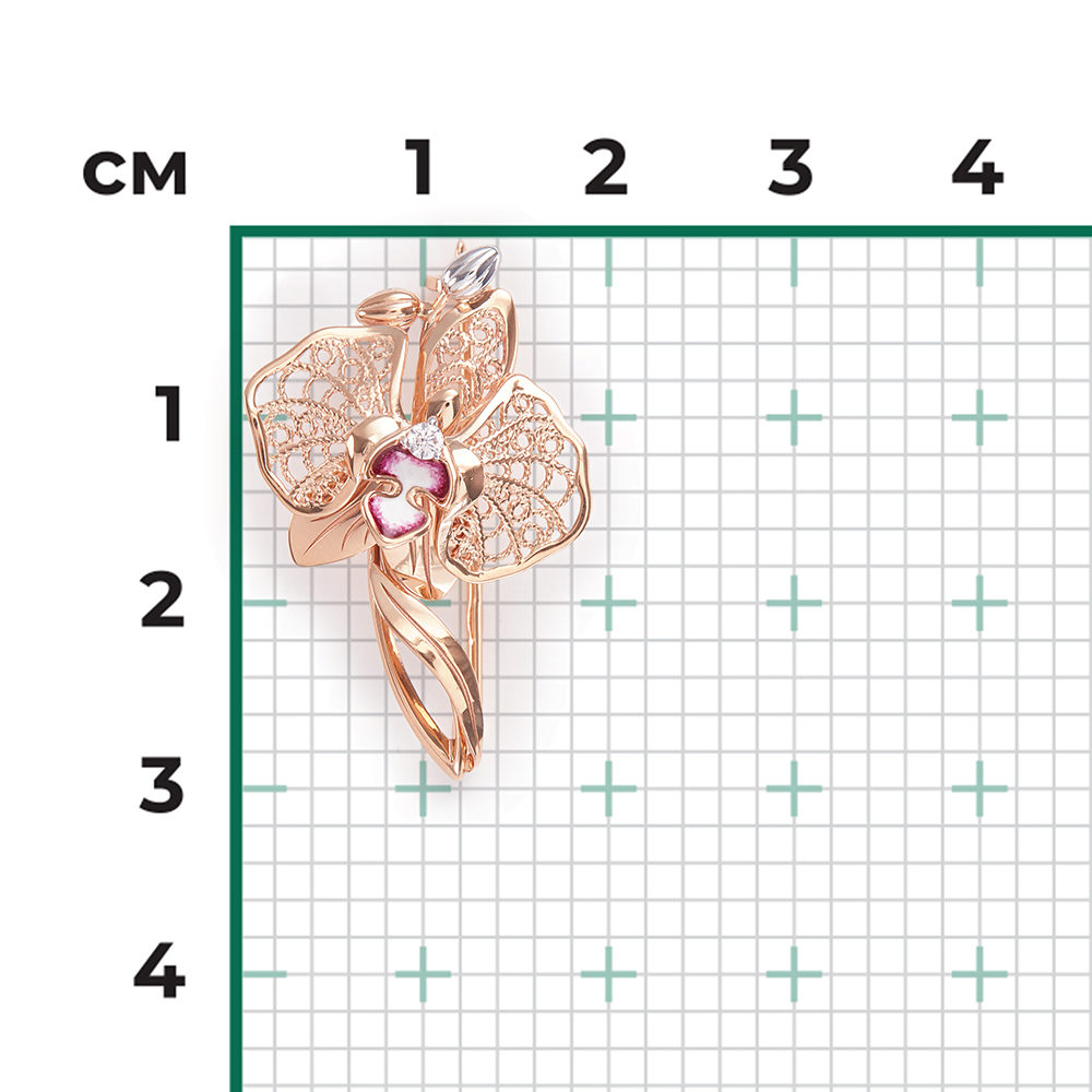 Брошь «Орхидея» из красного золота с фианитом и эмалью 04-0170-00-401-1110-48