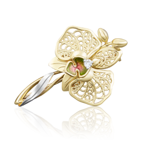Брошь «Орхидея» из лимонного золота с фианитом и эмалью 04-0170-00-401-1130-48