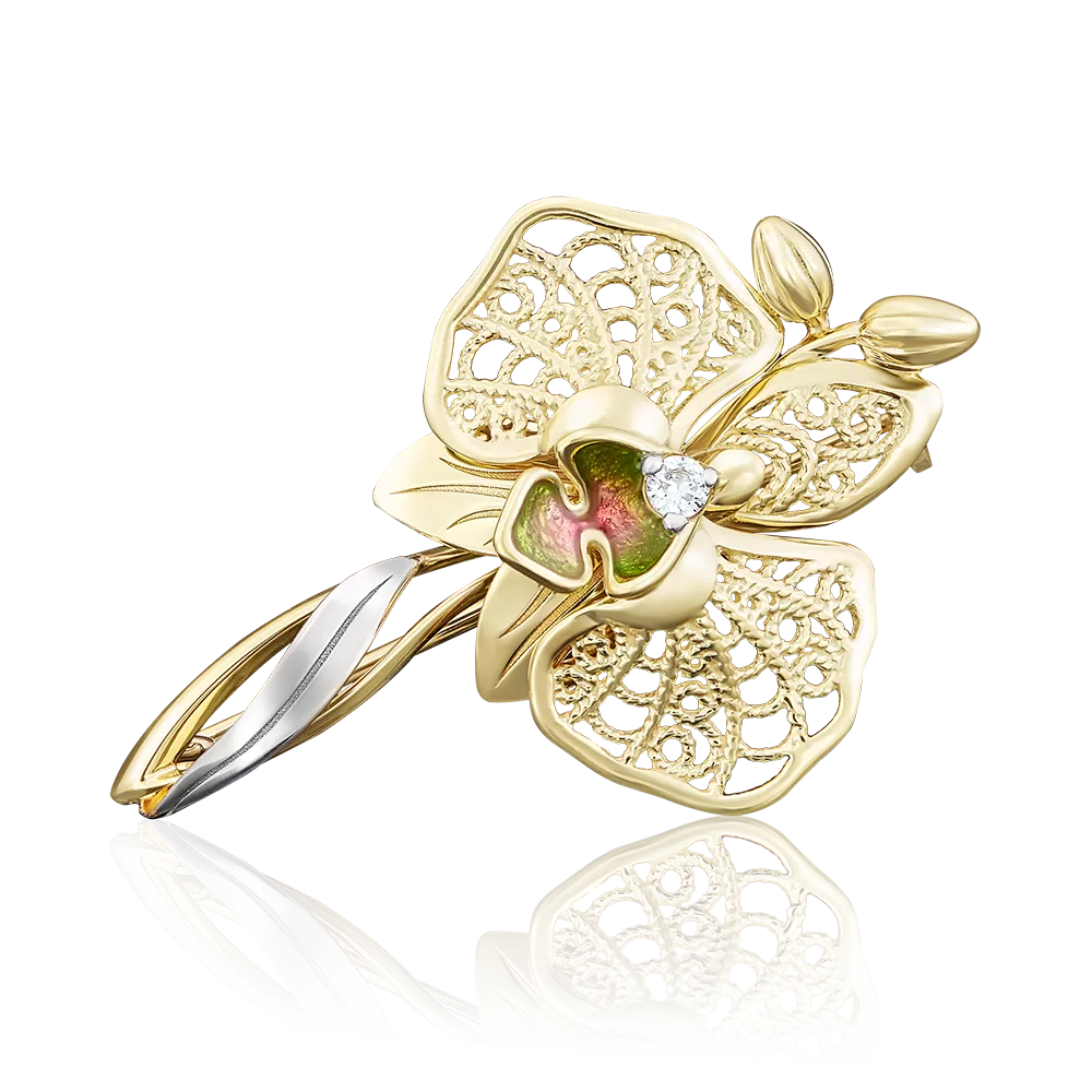 Брошь «Орхидея» из лимонного золота с фианитом и эмалью 04-0170-00-401-1130-48