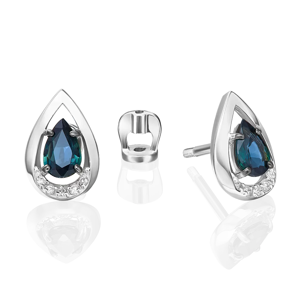 Серьги-пусеты из белого золота с сапфиром и бриллиантами 02-5222-00-105-1120