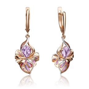 Серьги «Удивительные цветы» с английским замком из красного золота с аметистом и эмалью 02-4167-00-203-1110-57