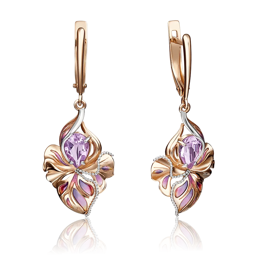 Серьги «Удивительные цветы» с английским замком из красного золота с аметистом и эмалью 02-4167-00-203-1110-57