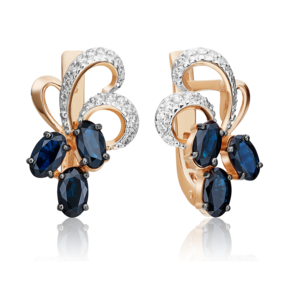Серьги с английским замком из красного золота с сапфирами и бриллиантами