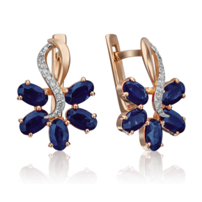 Серьги с английским замком из красного золота с сапфирами и бриллиантами