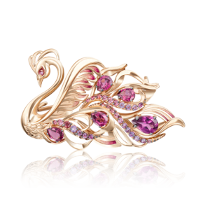 Брошь «Церевна Лебедь» из красного золота с гранатами, аметистами и эмалью 04-0200-00-295-1110-57