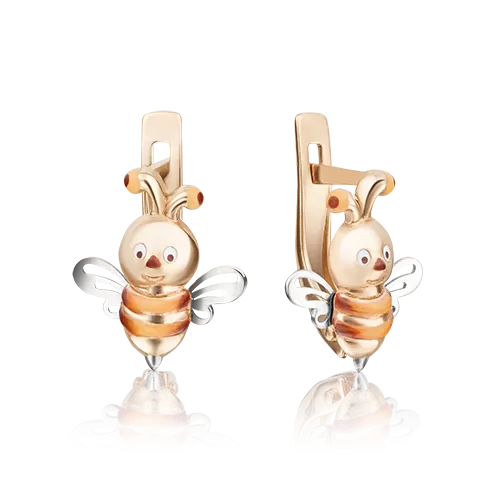 Детские серьги «Пчёлки» с английским замком из комбинированного золота с эмалью 02-4042-00-000-1111-65